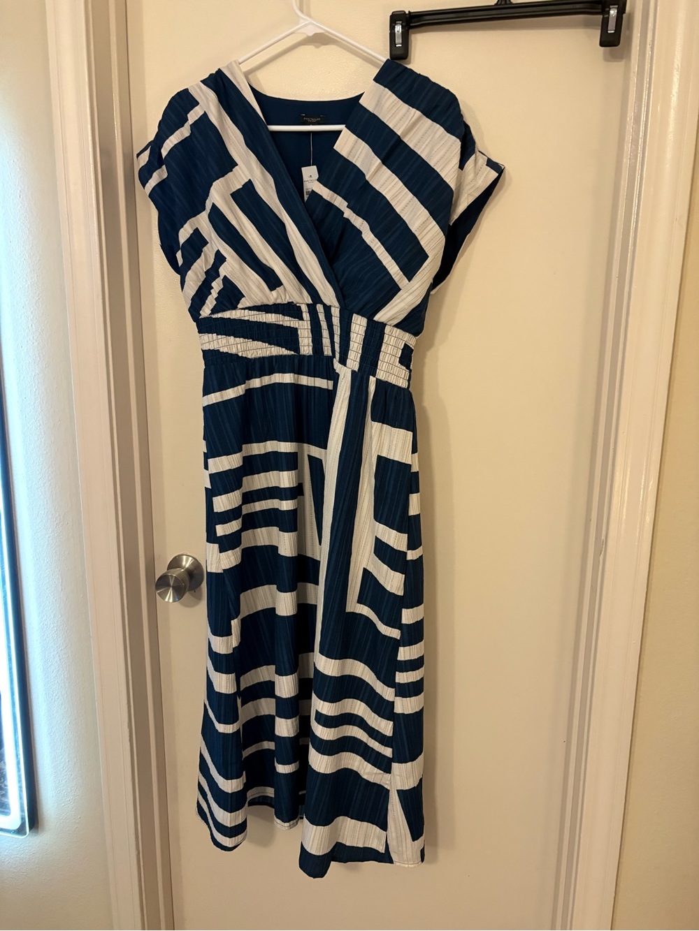 Ann Taylor Navy and White V-Neck Striped Midi Dress
